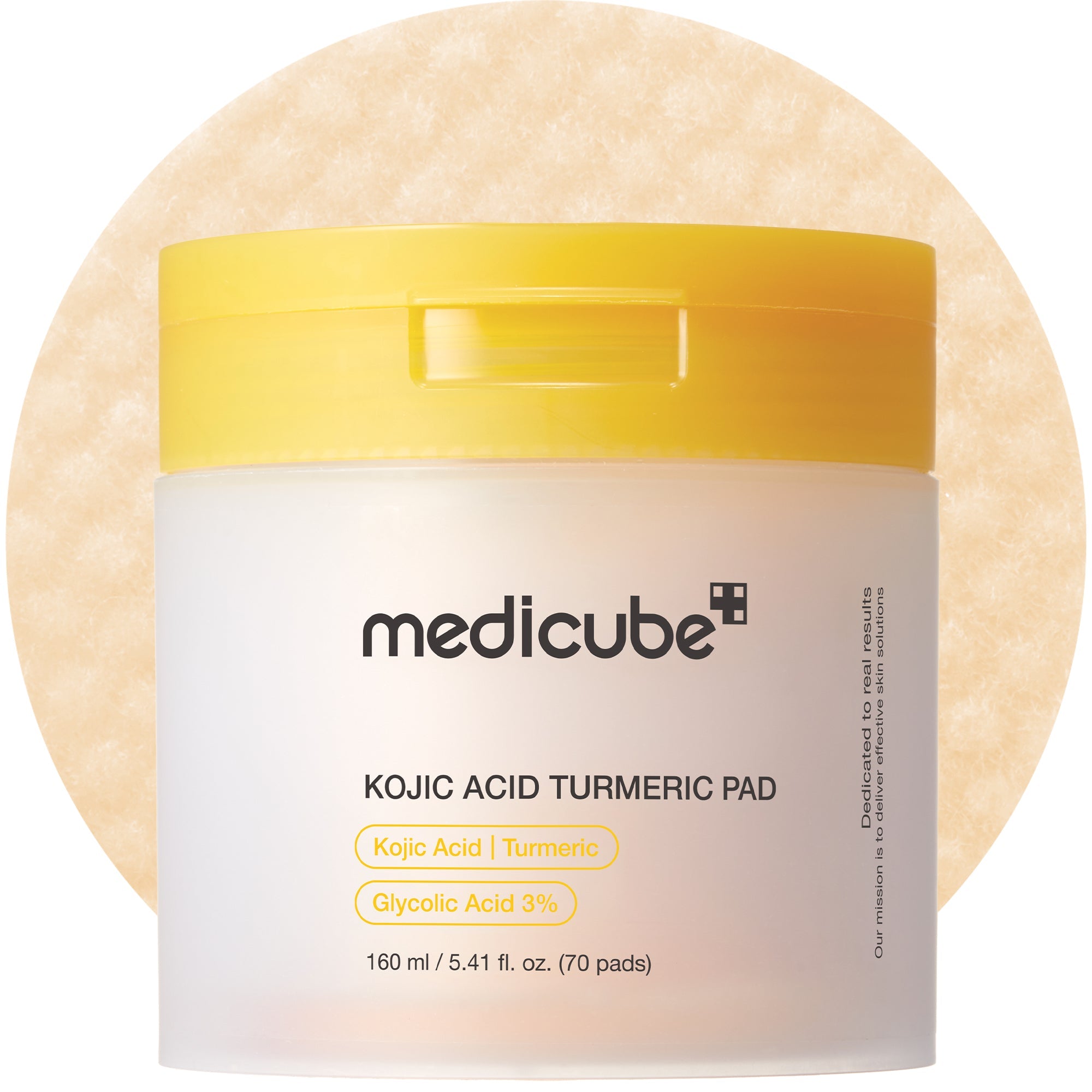 Medicube Kojic Acid Turmeric Face Pads for brightening and exfoliating skin, shown with textured toner pads in a clear container.