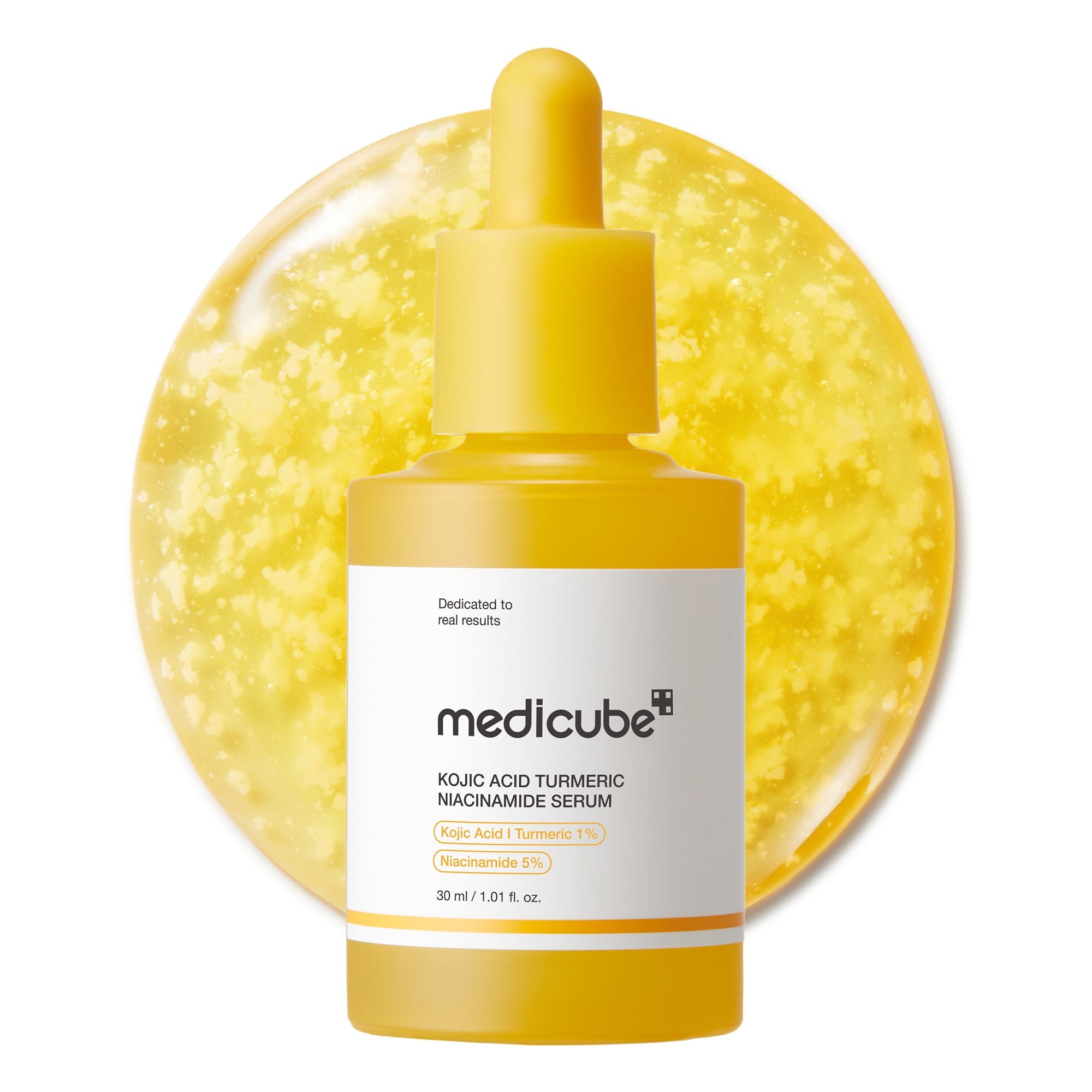 Medicube Kojic Acid Turmeric Capsule Serum in a clear glass bottle with dropper, showing the serum's smooth, yellowish liquid.