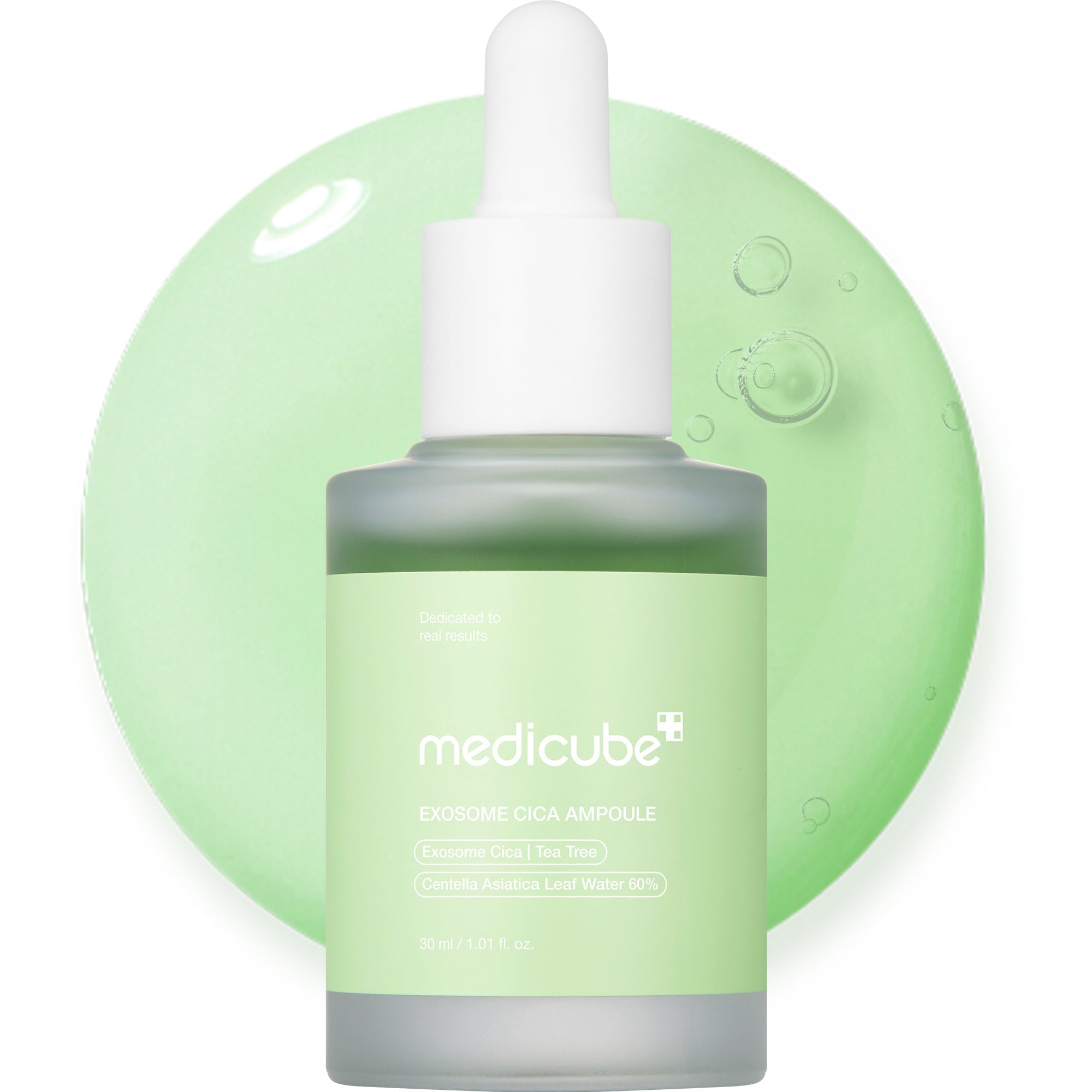 Medicube Exosome Cica Calming Ampoule bottle with dropper, featuring calming skincare benefits in a sleek container.