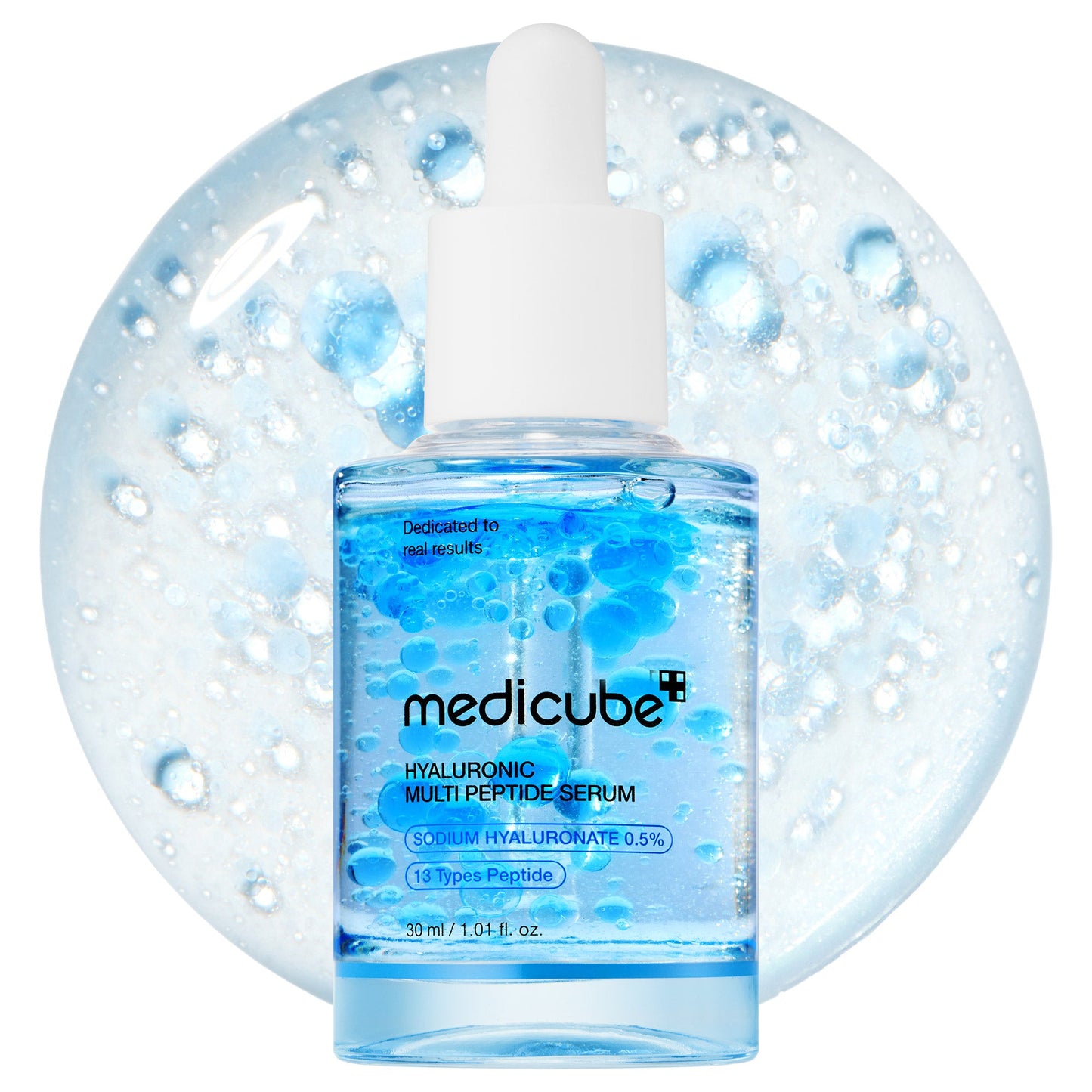 MEDICUBE Hyaluronic Multi Peptide PDRN Serum in a clear glass bottle with a white pump dispenser, close-up shot.