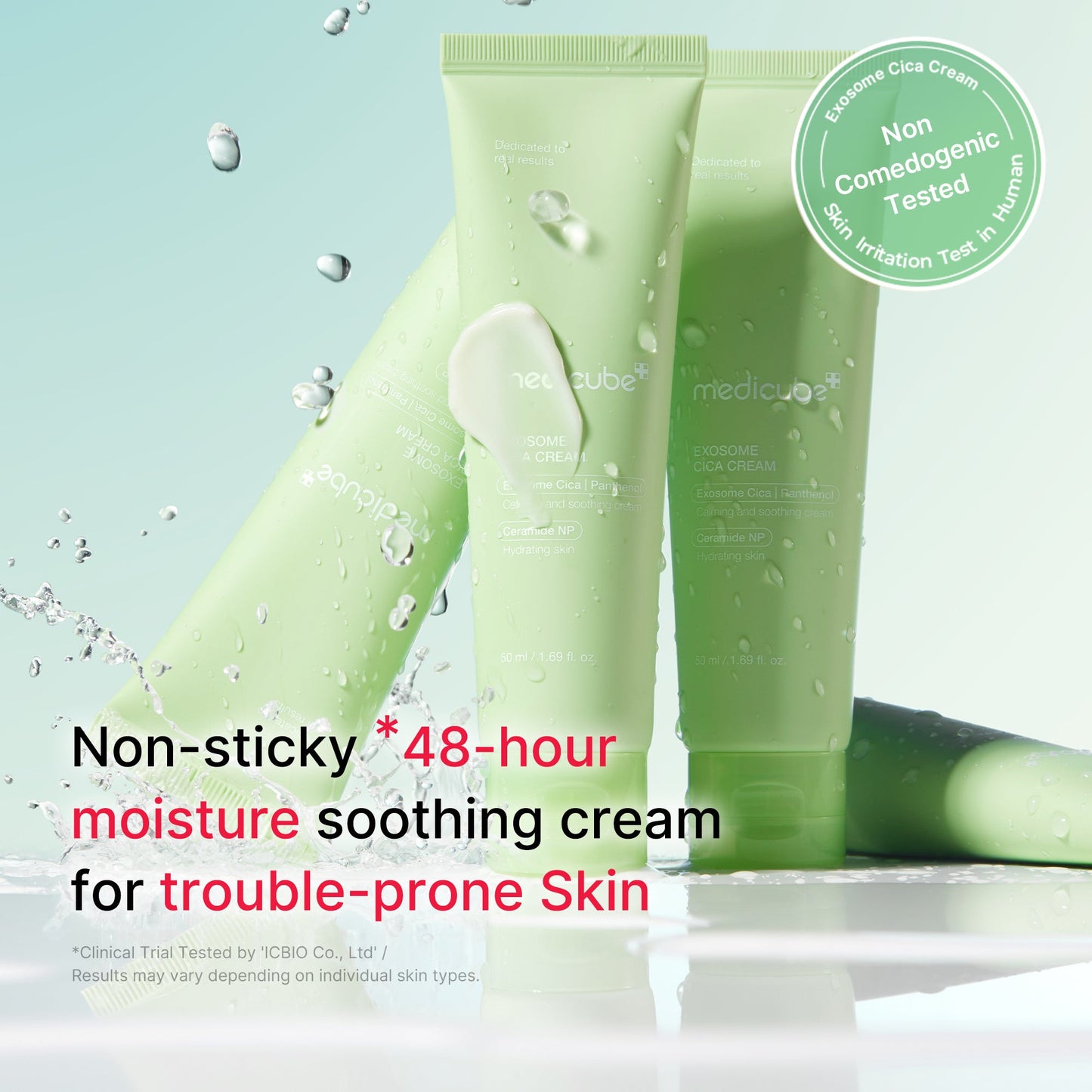 Medicube Exosome Cica Calming Cream for face care, shown in a jar with soothing ingredients and calming skincare benefits.
