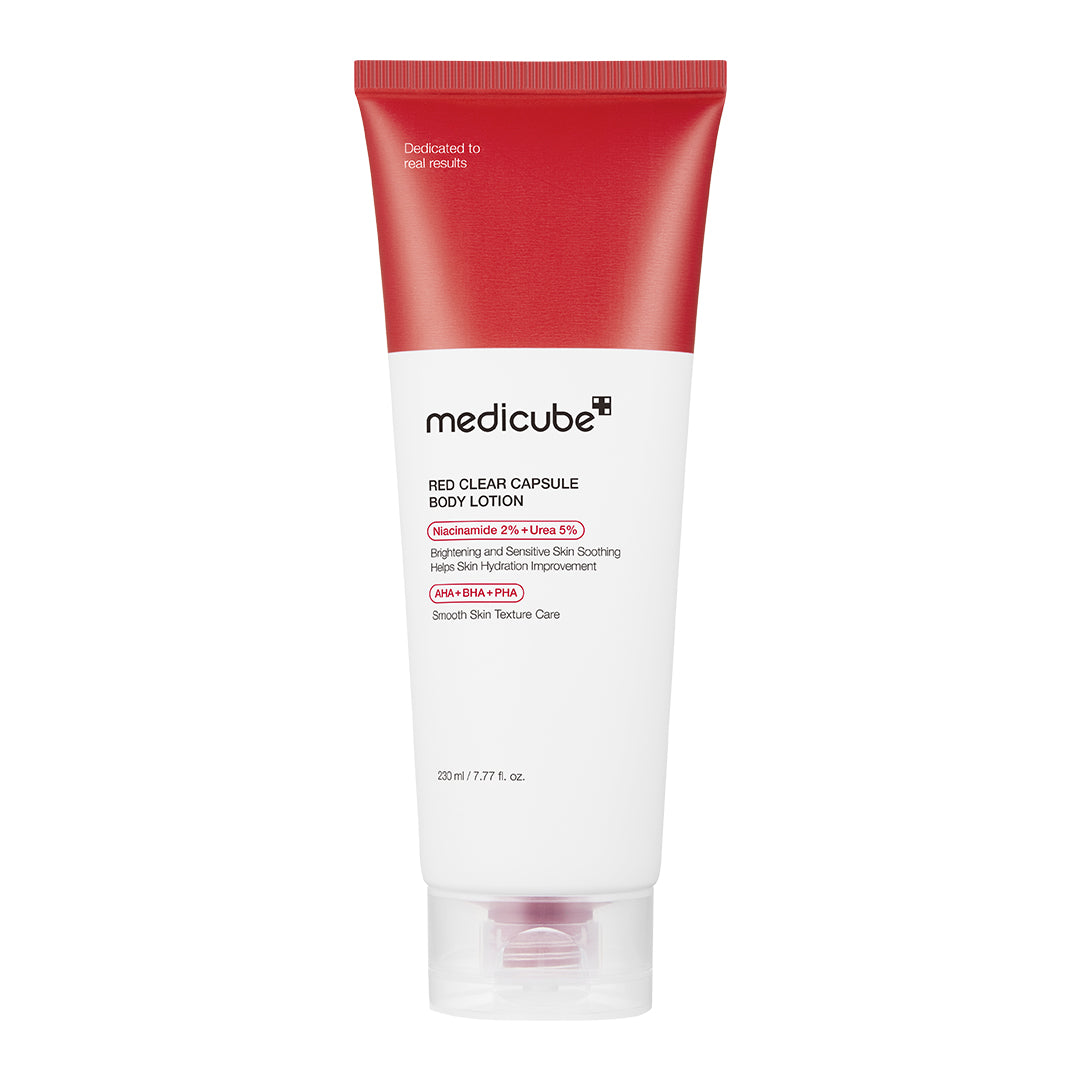 Red Clear Capsule Body Lotion from Shopify_ME's RED LINE acne care collection, featuring sleek red packaging with capsules.