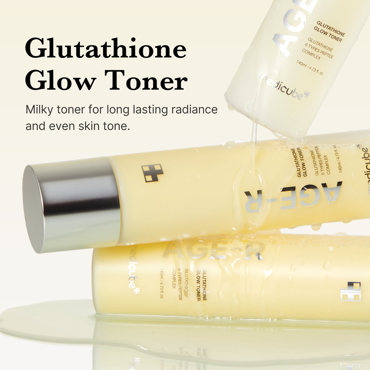 AGE-R Glutathione Glow Milk Toner bottle with label, clear liquid inside, and a clean, minimalist design.