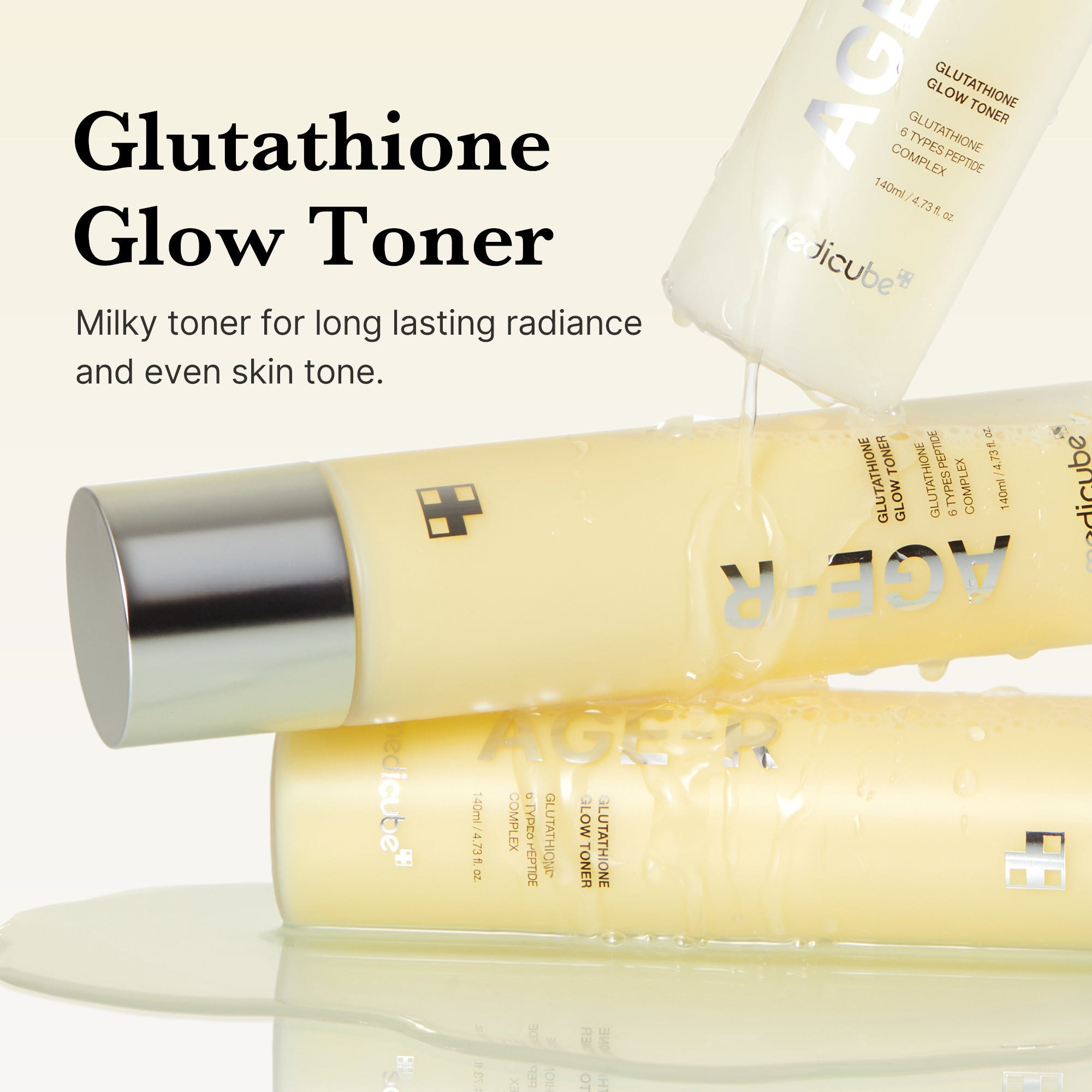 AGE-R Glutathione Glow Milk Toner bottle with label, clear liquid inside, and a clean, minimalist design.