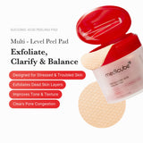 Red Succinic Acid Panthenol Pads from Shopify Me's RED LINE acne care collection, showing a close-up of the skincare pads.