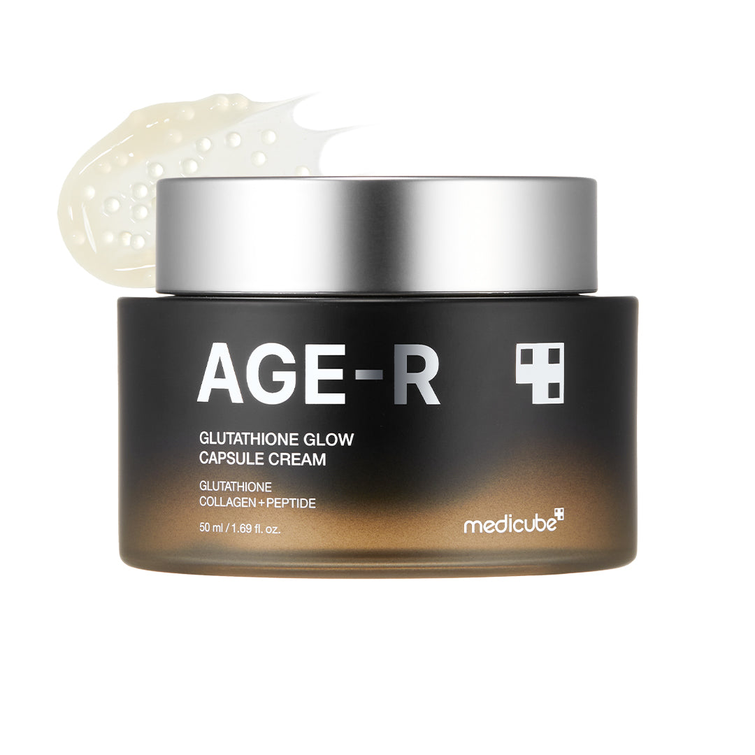 AGE-R Glutathione Glow Capsule Cream jar, a skincare product with a sleek design and white and gold packaging.