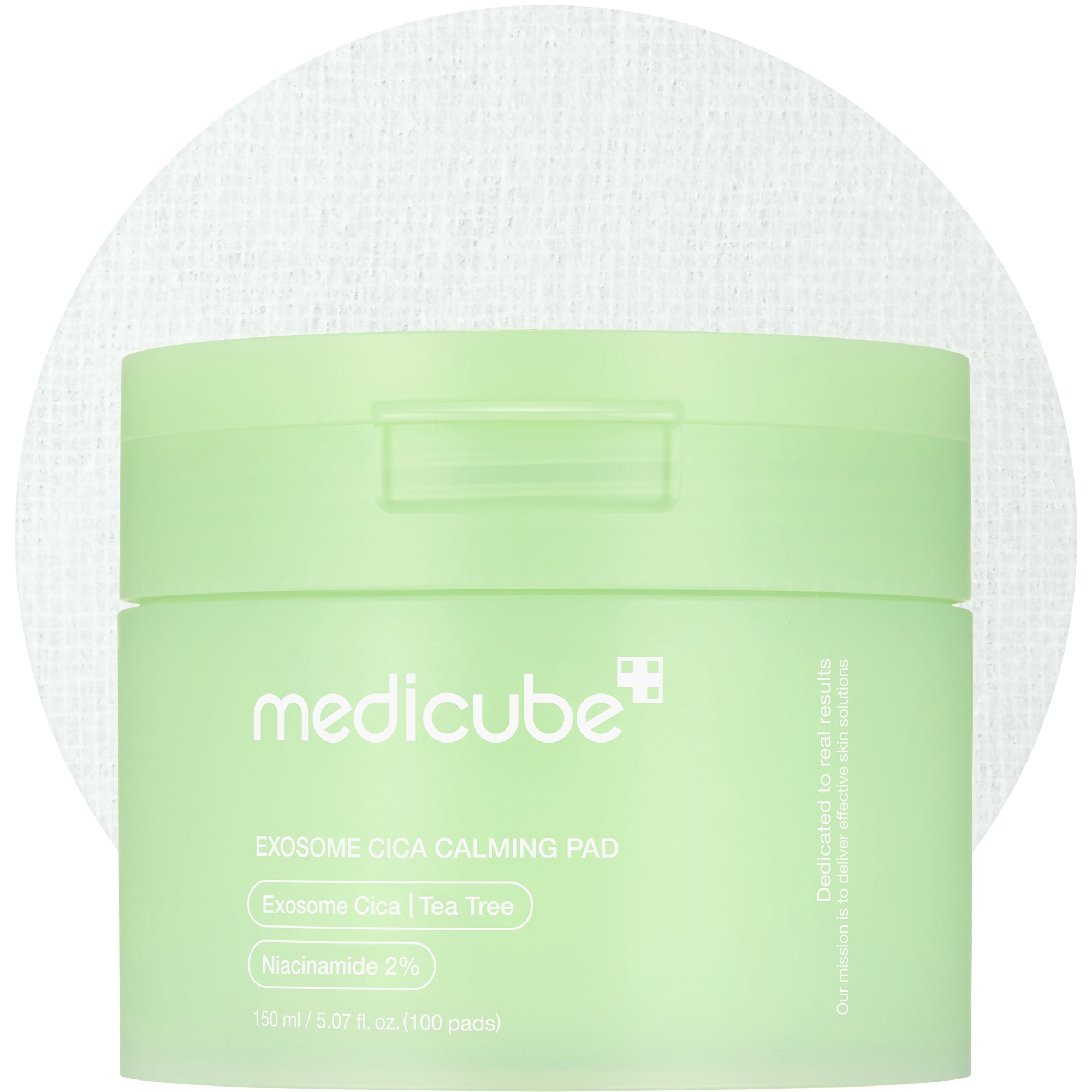 Medicube Exosome Cica Calming Toner Pads for face, showing soft, round pads with calming and exfoliating ingredients.
