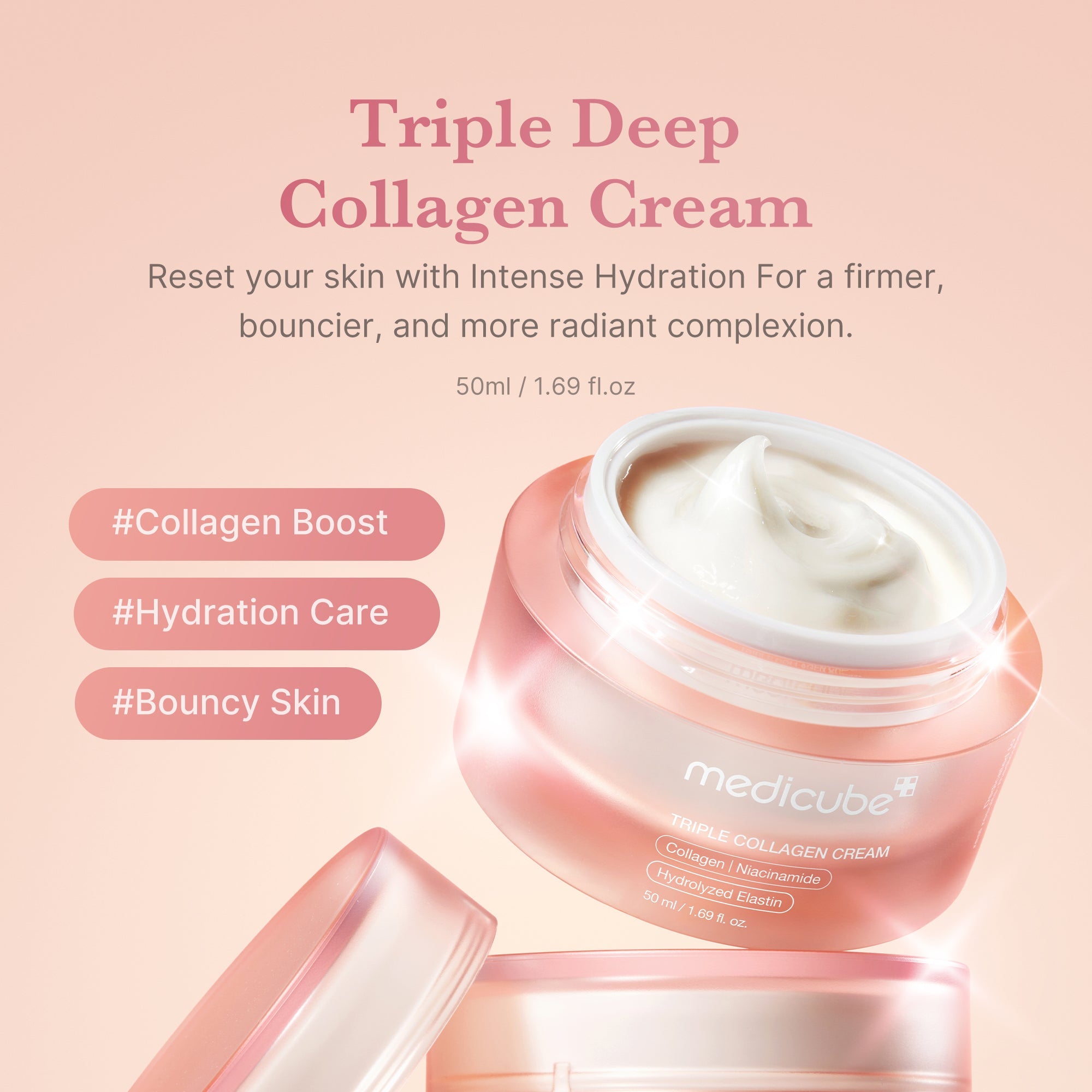 Glass Glow Line Triple Collagen Cream jar with firming formula, featuring a sleek glass container and elegant design.