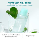 Numbuzin No.1 Pure-Full Calming Herb Toner bottle with herbal ingredients for soothing skincare, displayed on a clean background.