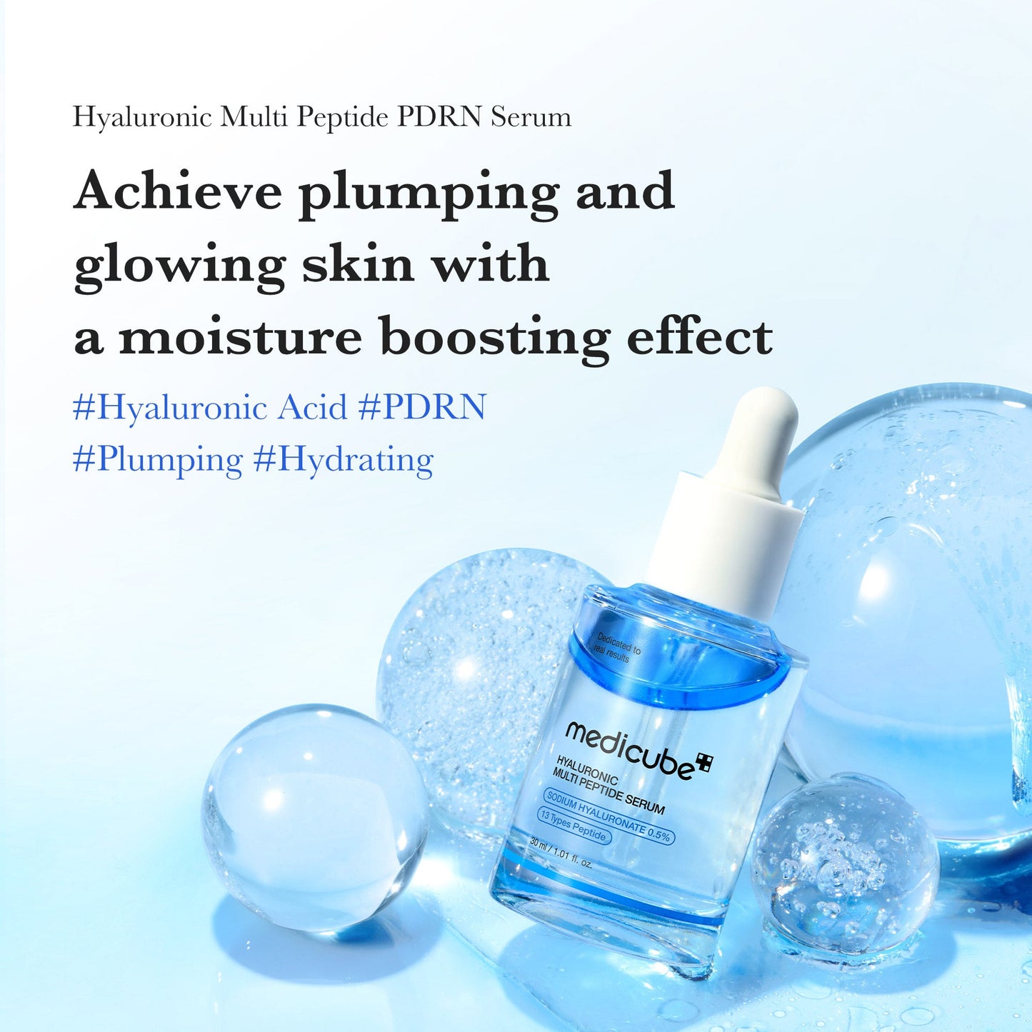 MEDICUBE Hyaluronic Multi Peptide PDRN Serum in a clear glass bottle with dropper, showcasing its hydrating and revitalizing formula.