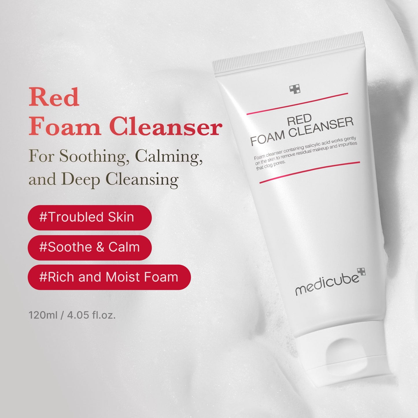 Red Foam Cleanser from RED LINE acne care series, shown in a clear bottle with foam texture, designed for deep cleansing.