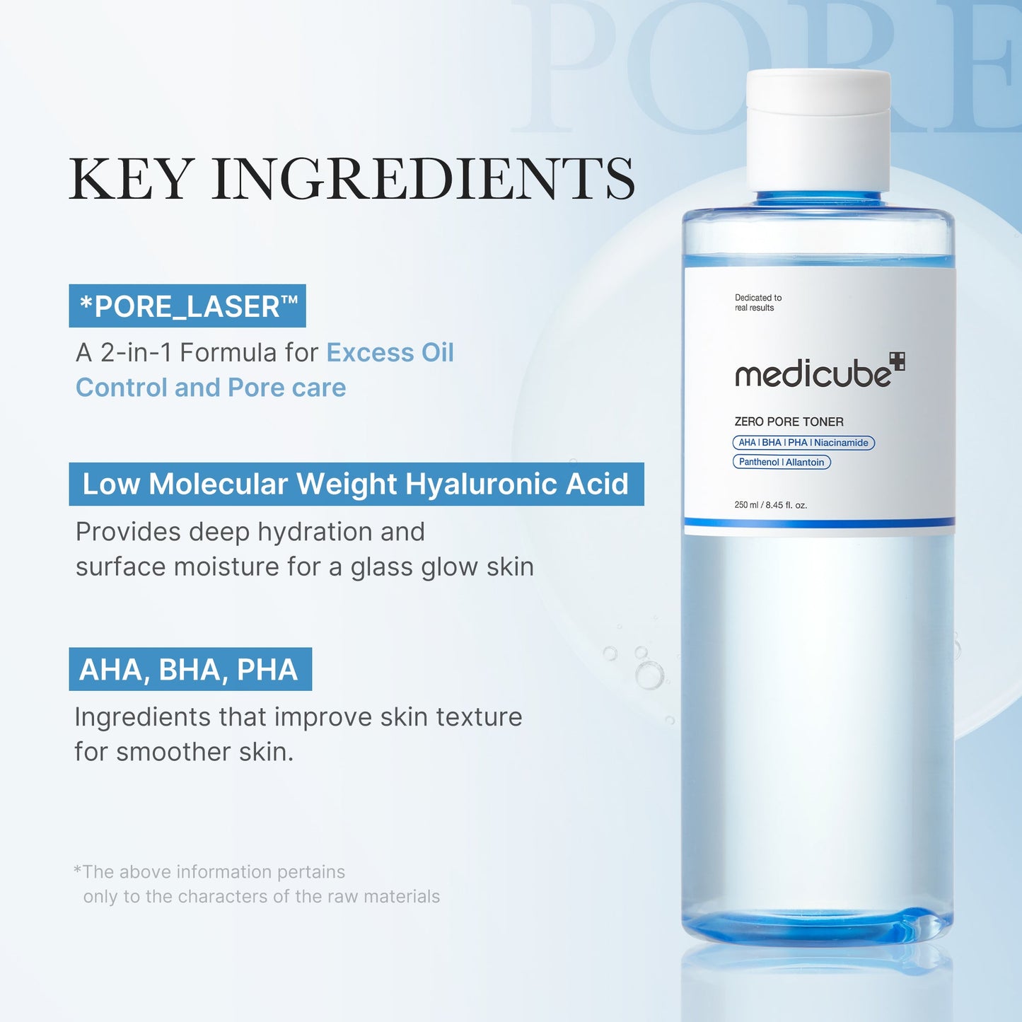 Medicube Zero Pore Toner bottle with clear label, showing the skincare product designed to minimize pores and balance skin.