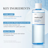 Medicube Zero Pore Toner bottle with clear label, showing the skincare product designed to minimize pores and balance skin.