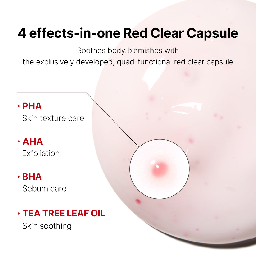 Red Clear Capsule Body Lotion from SHOPIFY_ME's RED LINE acne care range, featuring a sleek red bottle and clear capsules.
