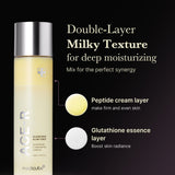 AGE-R Glutathione Glow Milk Toner in a clear bottle with white and gold label, featuring a soft, glowing design.