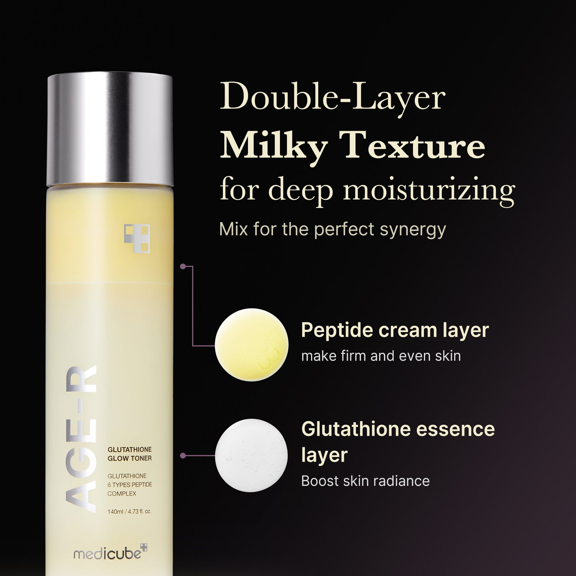 AGE-R Glutathione Glow Milk Toner in a clear bottle with white and gold label, featuring a soft, glowing design.