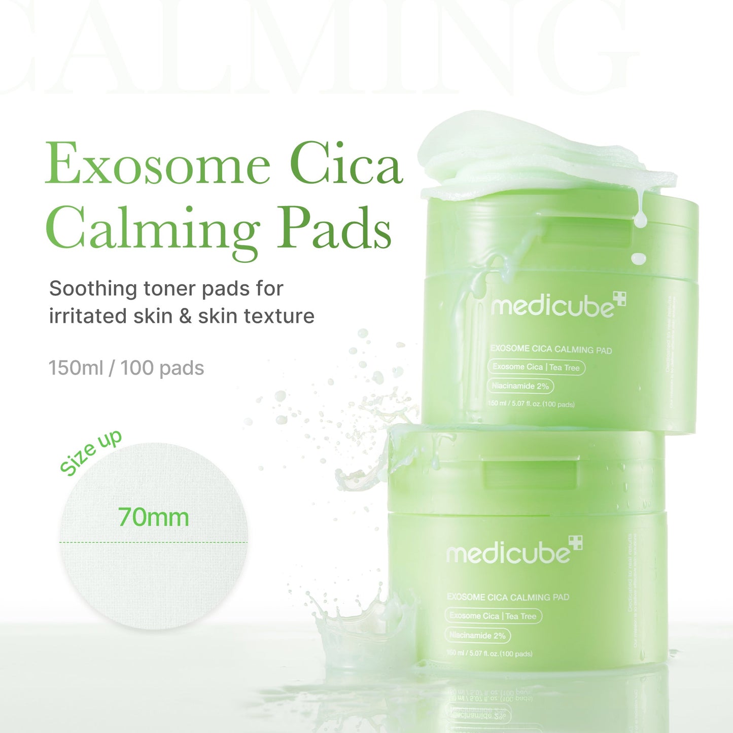 Medicube Exosome Cica Calming Toner Pads for face, showing the soft, round pads with calming and exfoliating ingredients.