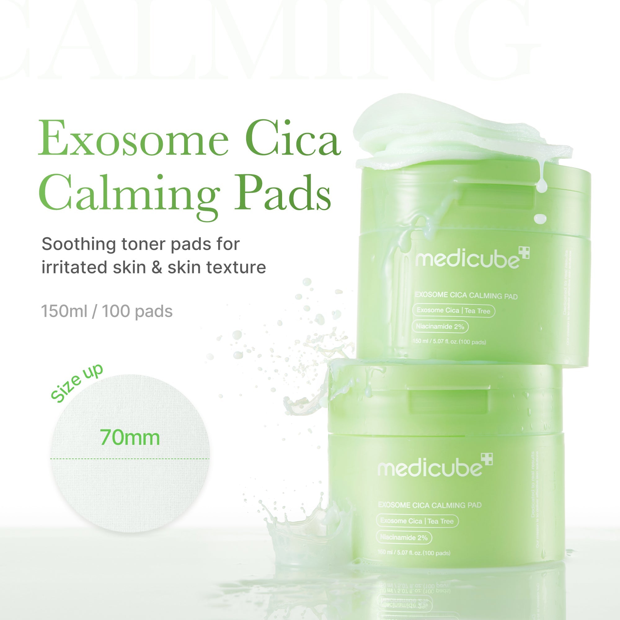 Medicube Exosome Cica Calming Toner Pads for face, showing the soft, round pads with calming and exfoliating ingredients.