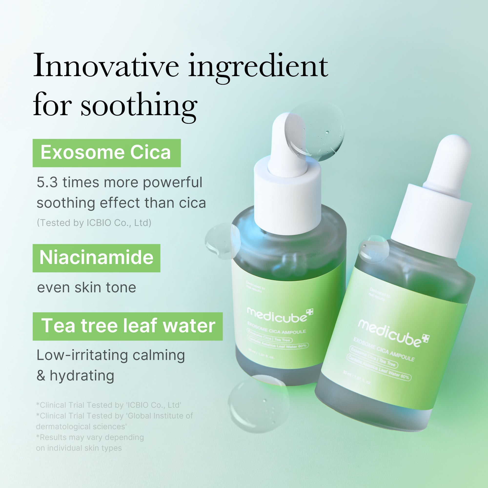 Medicube Exosome Cica Calming Ampoule bottle with dropper, skincare product for soothing and calming skin.