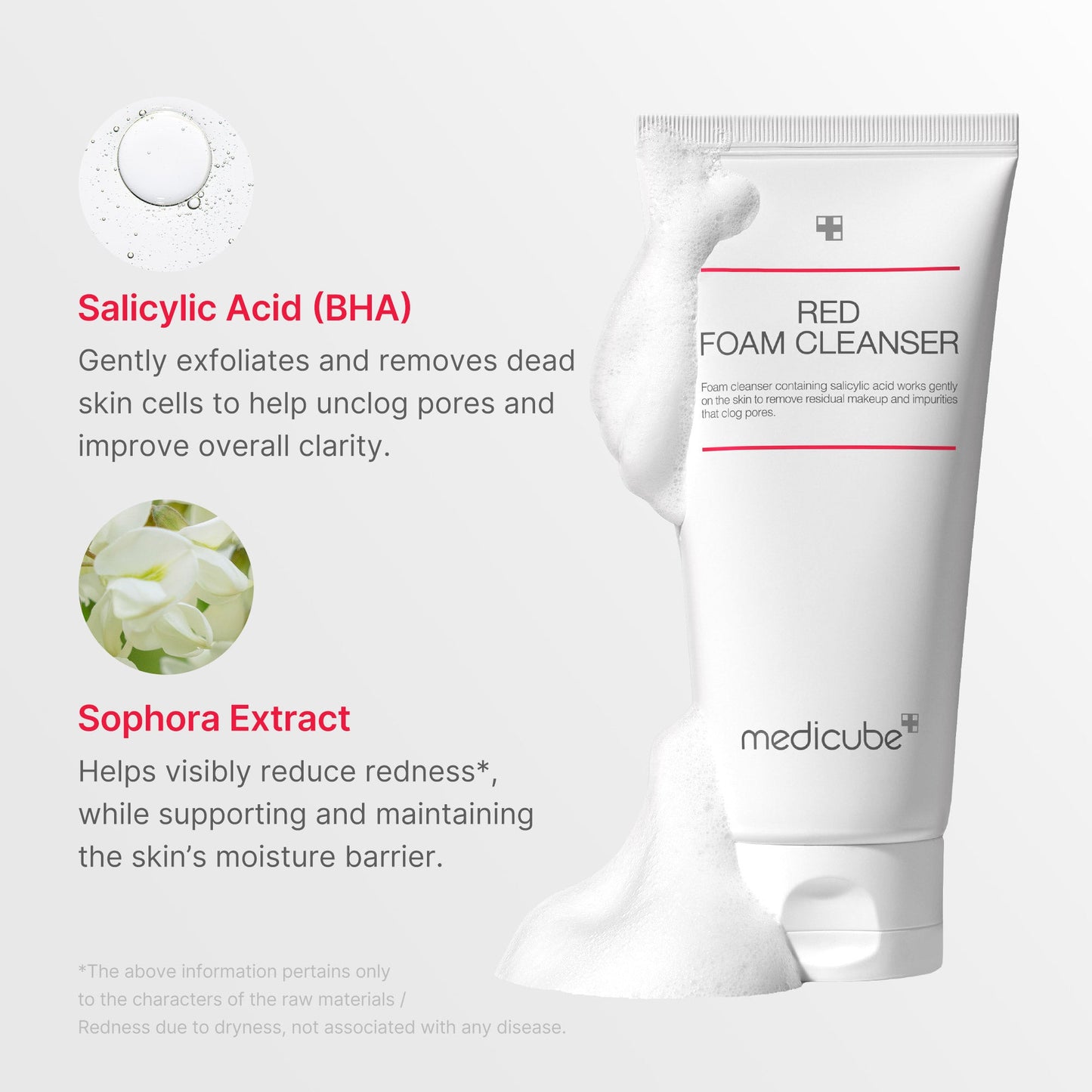 Red Foam Cleanser from RED LINE Acne Care by Shopify_Me, showing a foamy red facial cleanser in a clear bottle.