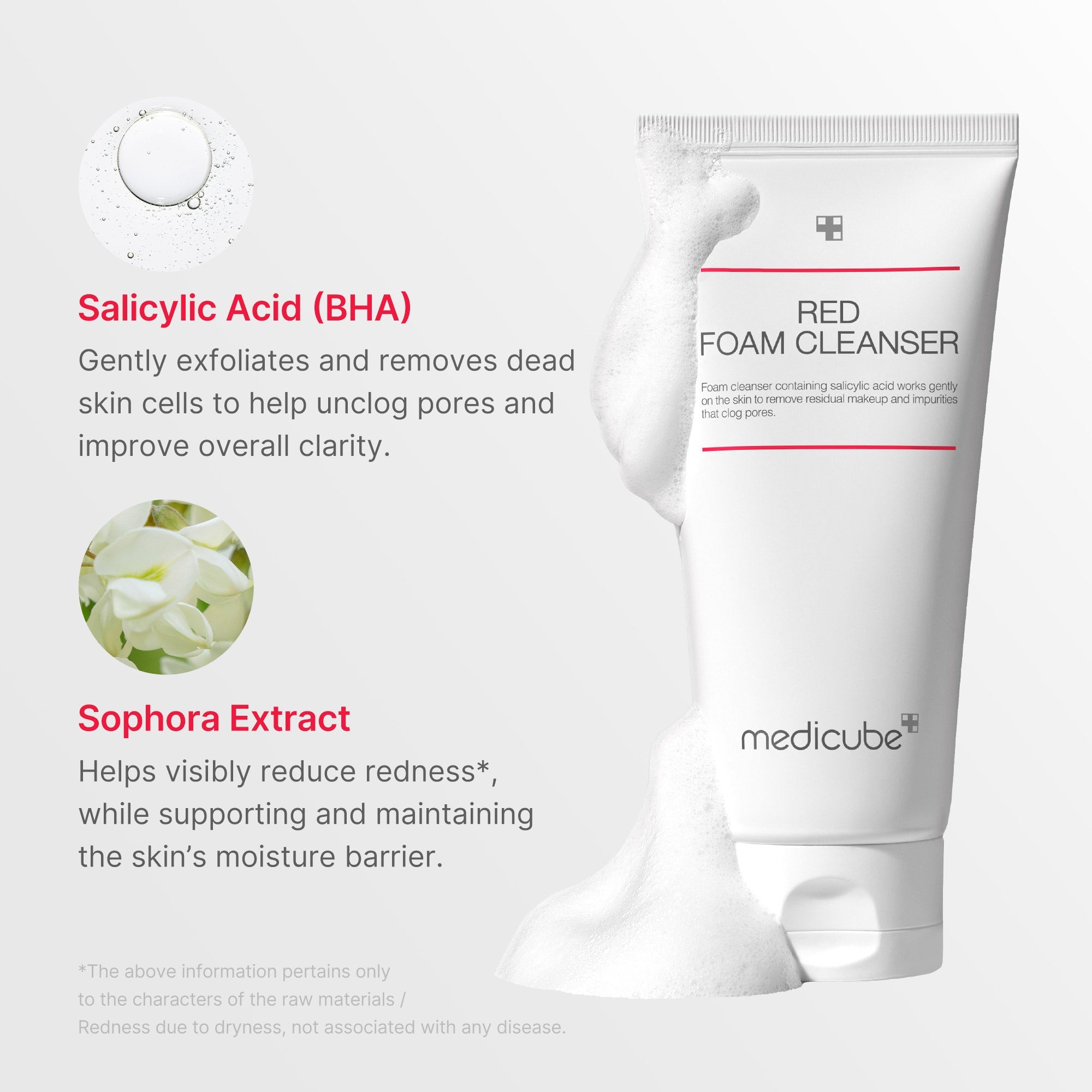 Red Foam Cleanser from RED LINE Acne Care by Shopify_Me, showing a foamy red facial cleanser in a clear bottle.