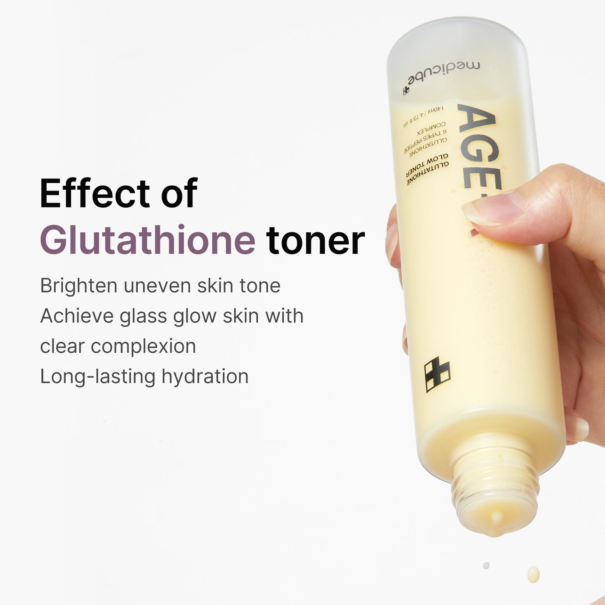 AGE-R Glutathione Glow Milk Toner in a clear bottle with a white cap, featuring a minimalist label and light-colored liquid inside.