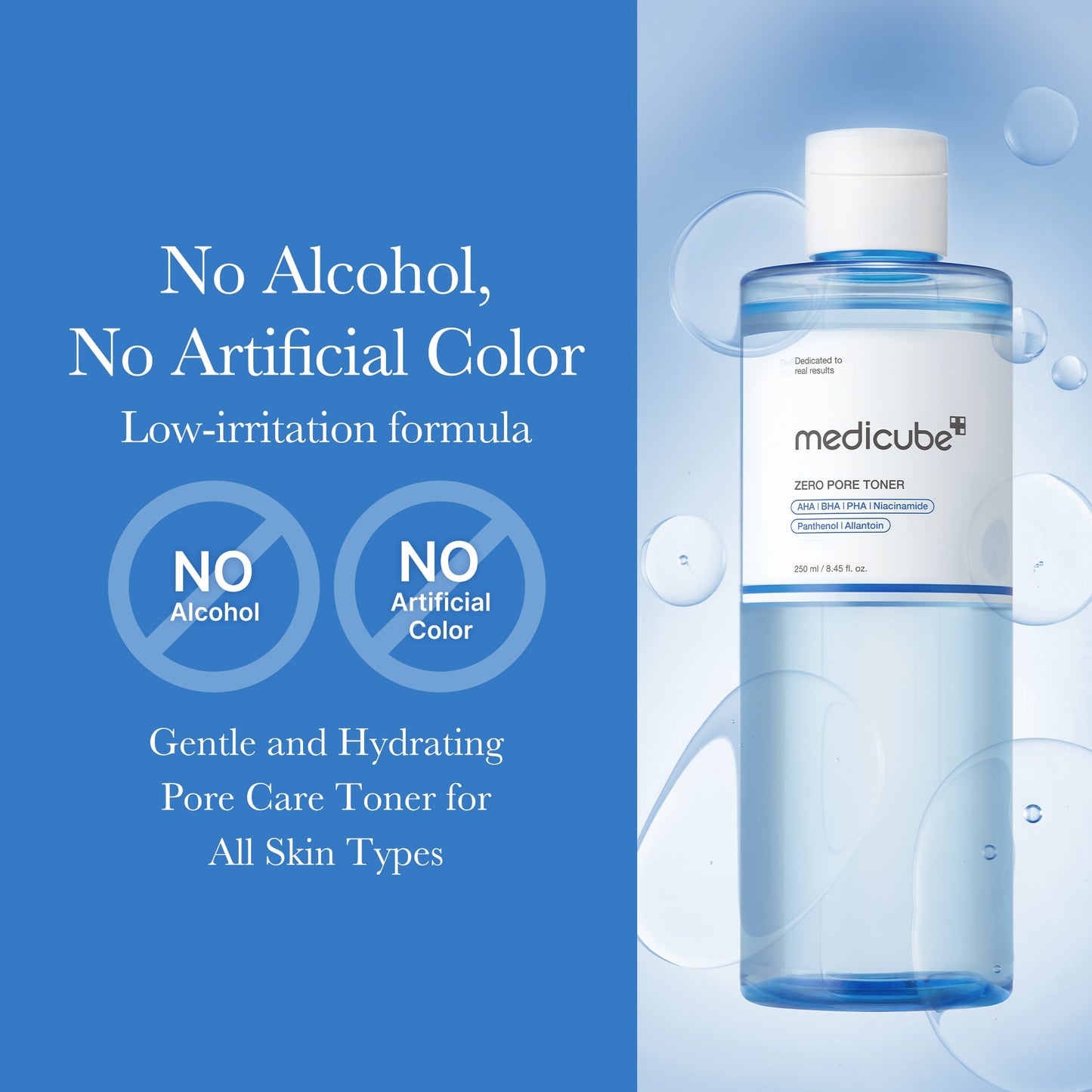 Medicube Zero Pore Toner bottle with clear liquid and minimalist label, perfect for reducing pores and refreshing skin.