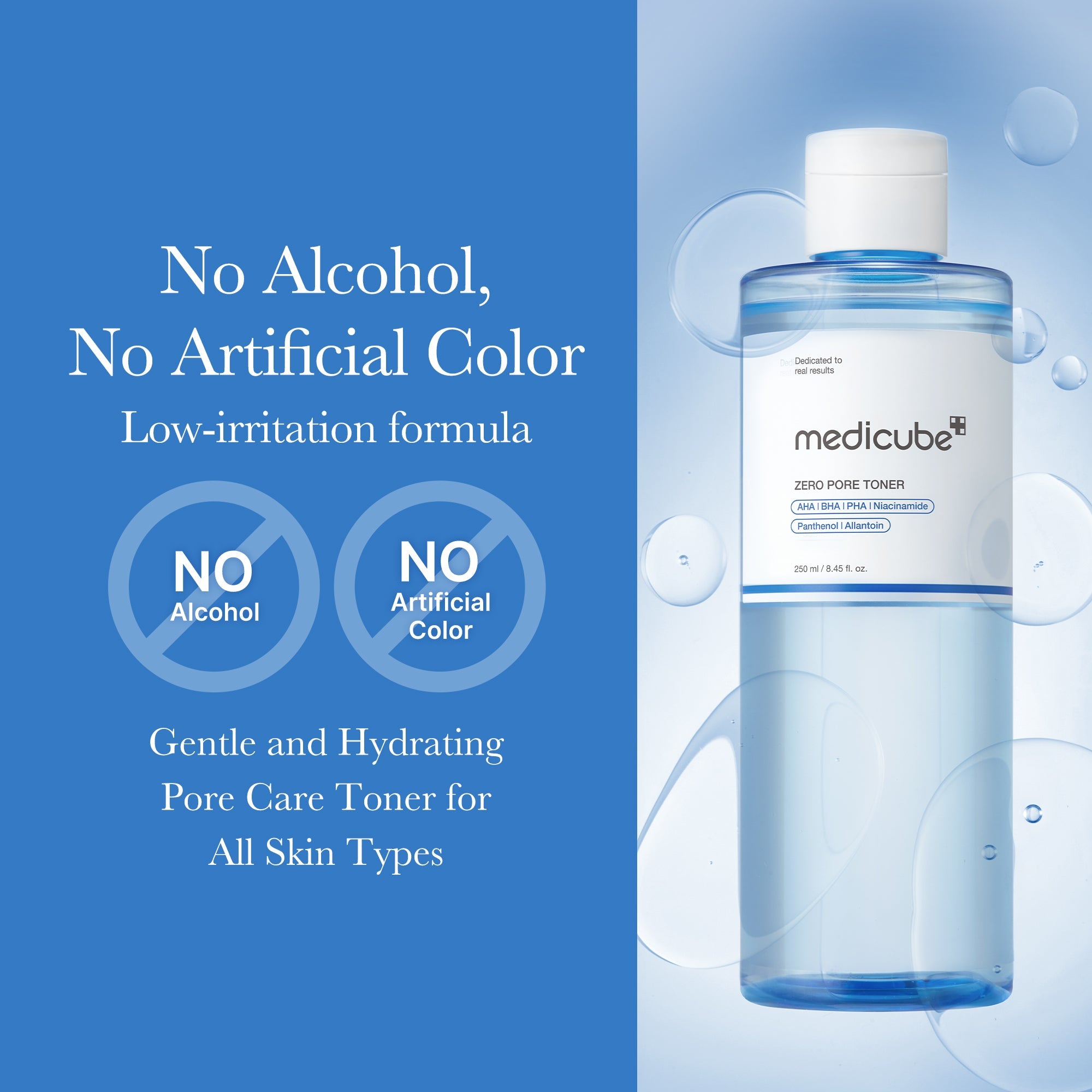 Medicube Zero Pore Toner bottle with clear liquid and minimalist label, perfect for reducing pores and refreshing skin.