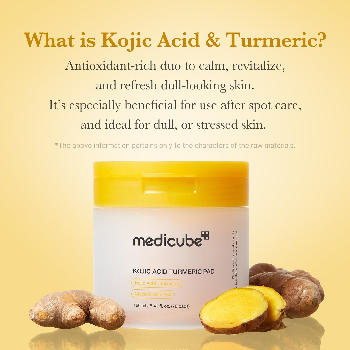 Medicube Kojic Acid Turmeric Face Toner Pads arranged in a container with a clean background, ready for skincare use.