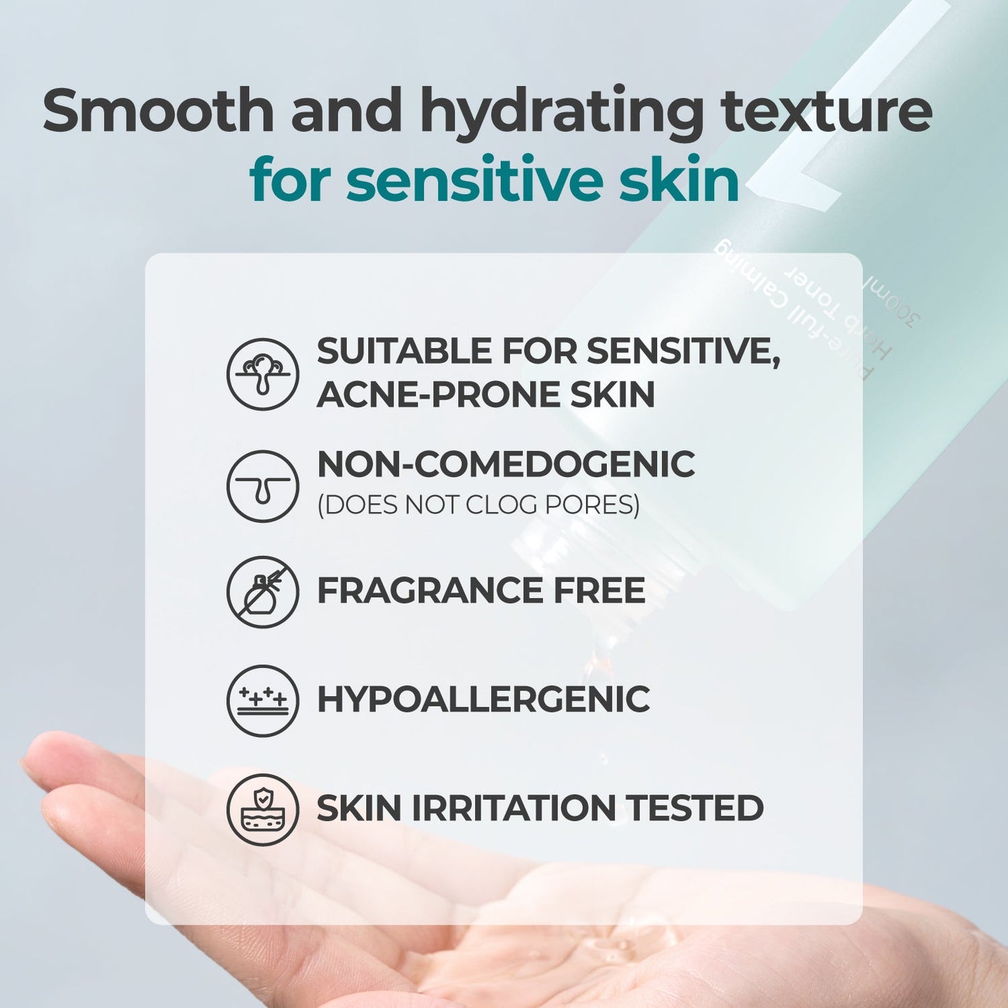 Numbuzin No.1 Pure-Full Calming Herb Toner bottle, natural herbal ingredients, clear liquid, and minimalist packaging.