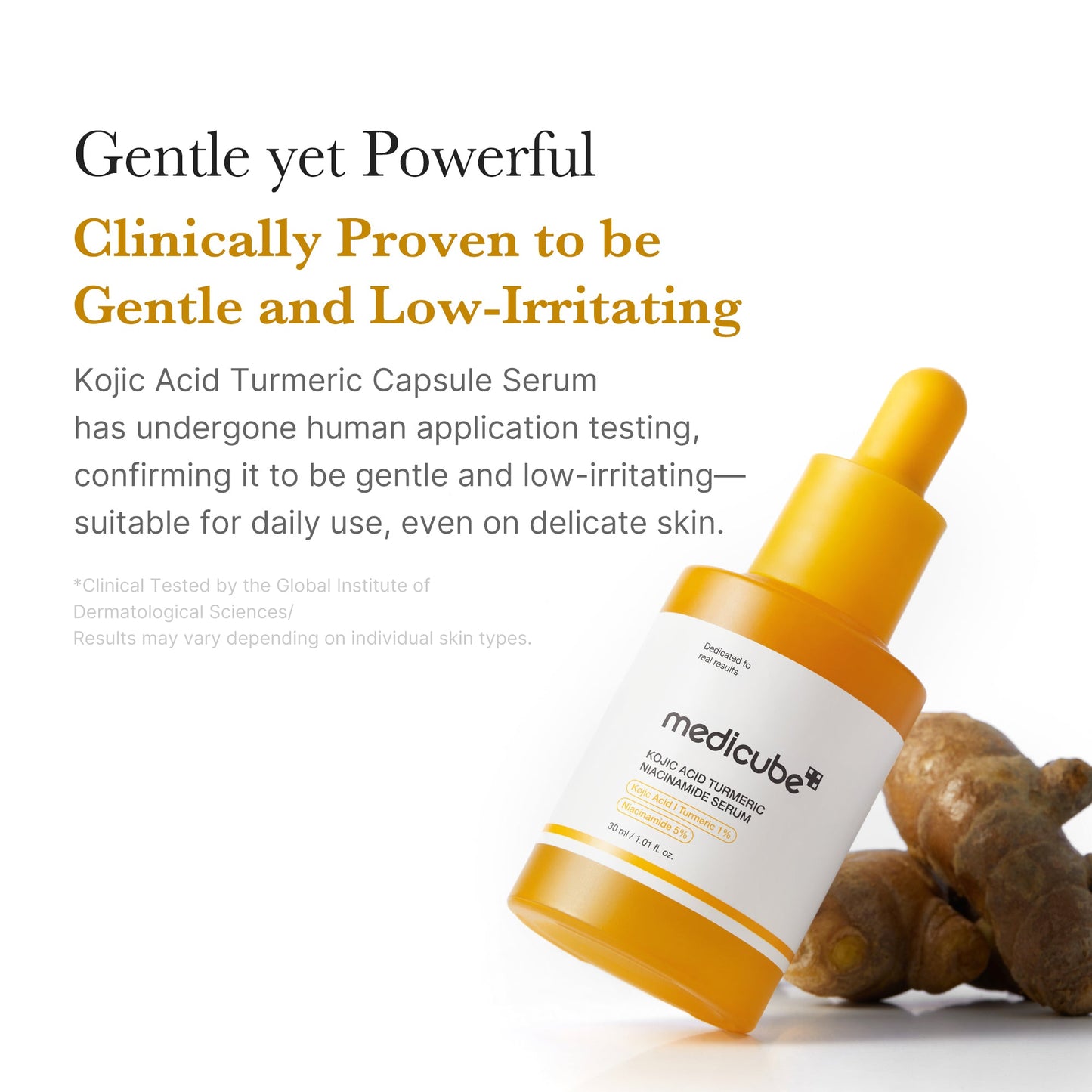 Medicube Kojic Acid Turmeric Capsule Serum in a sleek dropper bottle, showing the serum's smooth texture and golden hue.