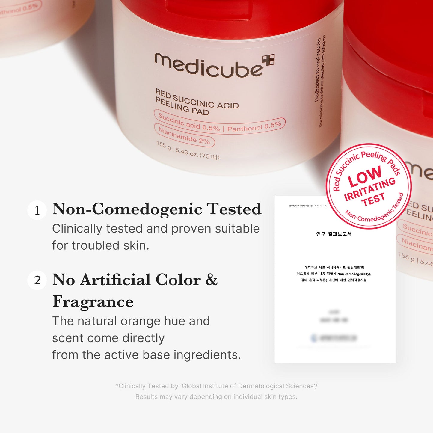 Red Line Acne Care Succinic Acid and Panthenol pads, showing a close-up of the round skincare pads with branding.