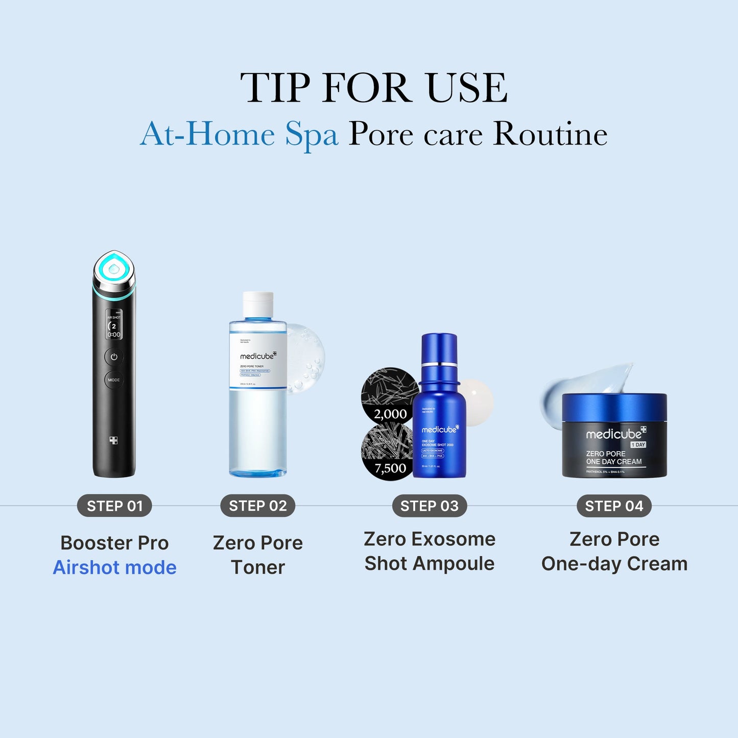 Medicube Zero Pore Toner bottle with clear liquid and minimalist label, designed for pore-refining skincare.