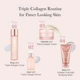 Glass Glow Line Triple Collagen Serum bottle with a sleek, clear glass design and a white pump dispenser for firming skincare.
