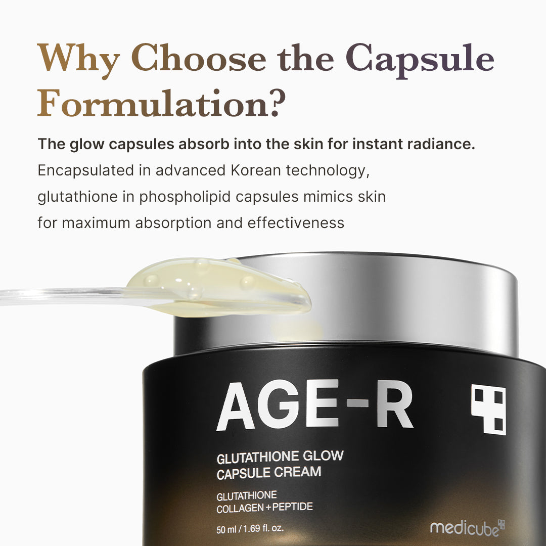 AGE-R Glutathione Glow Capsule Cream jar with label, showing the skincare product for brightening and anti-aging.