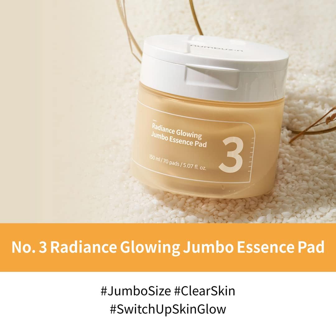 Numbuzin No.3 Radiance Glowing Jumbo Essence Pads, toner pads with brightening and hydrating properties, showing the product pack and pads.