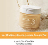 Numbuzin No.3 Radiance Glowing Jumbo Essence Pads, toner pads with brightening and hydrating properties, showing the product pack and pads.