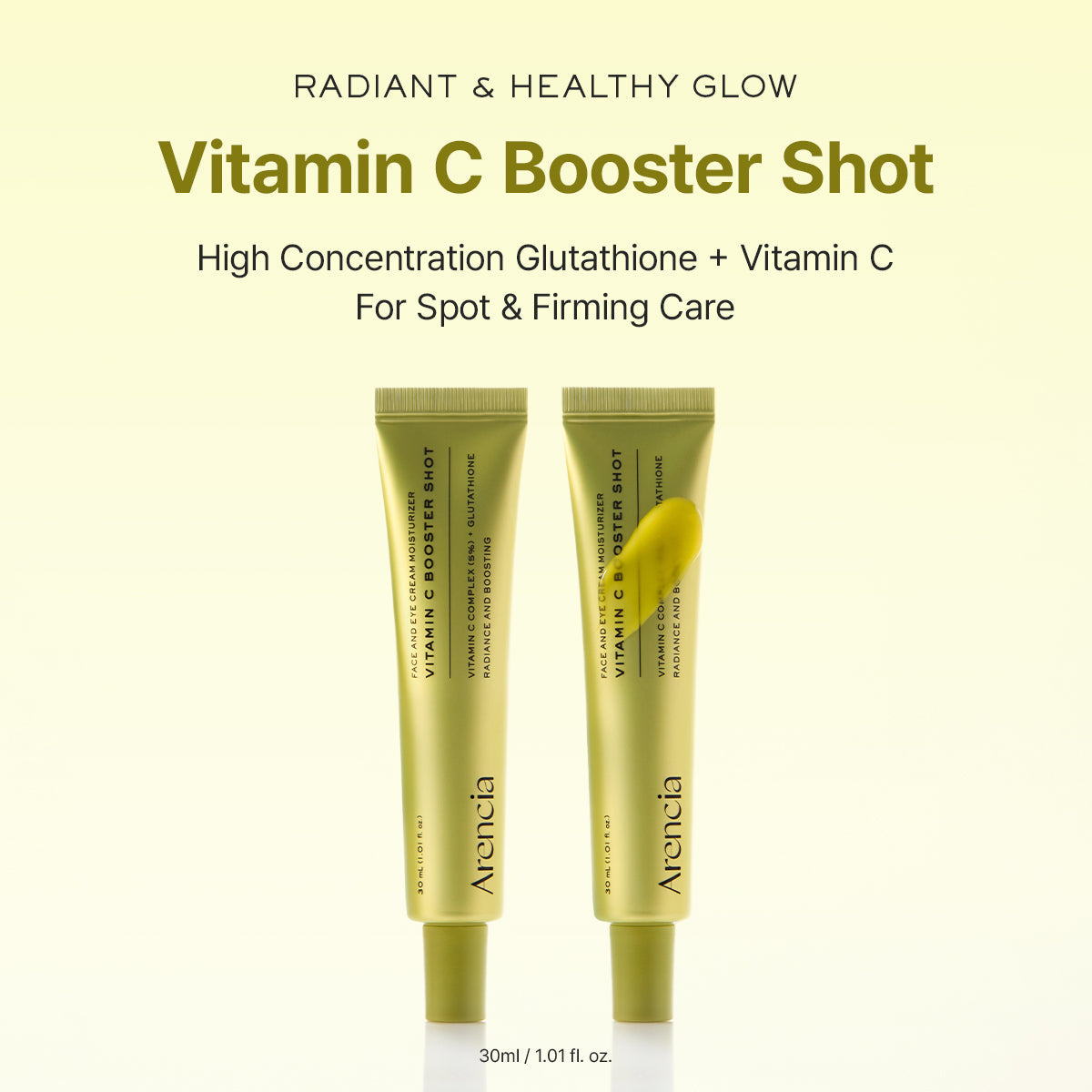 Arencia Vitamin C Booster Shot for face care, clear glass bottle with dropper containing bright orange liquid, skincare product.