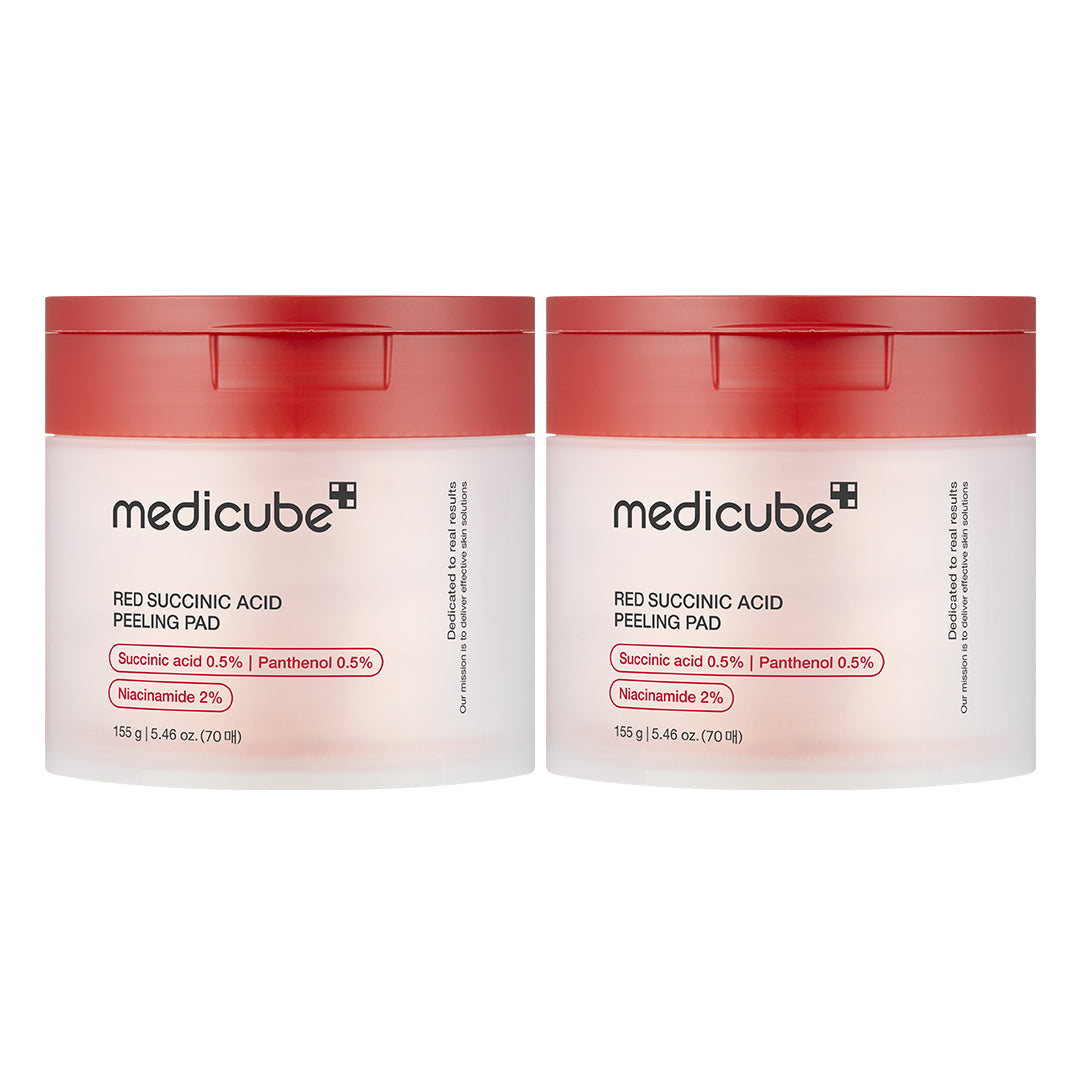 Red Line Acne Care Succinic Acid and Panthenol Pads on white background, showing the product packaging and pads.