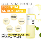 Numbuzin No.5 Vitamin Boosting Essential Toner bottle showing clear liquid and minimalist design for healthy skin.