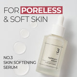 Numbuzin No.3 Skin Softening Serum in a sleek bottle, designed to hydrate and smooth skin with nourishing ingredients.
