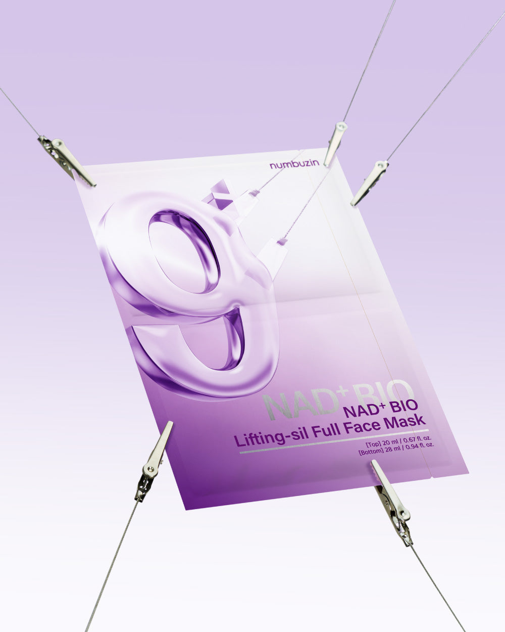 Numbuzin No.9 NAD+ BIO Lifting-sil full face sheet mask with four sheets and lifting band, designed for skin rejuvenation and firming.