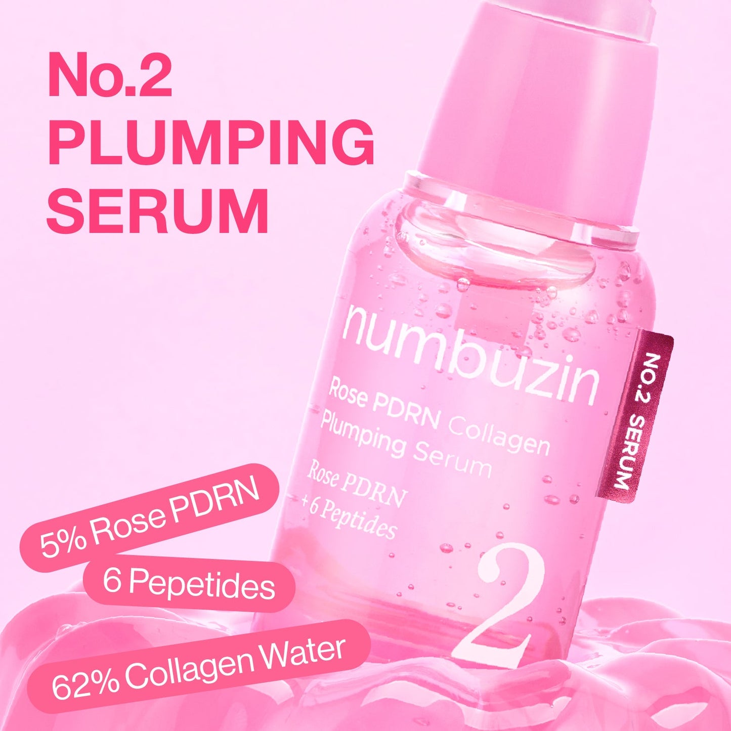 Numbuzin No.2 Rose PDRN Collagen Plumping Serum in a clear bottle with a dropper for skincare application.