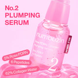 Numbuzin No.2 Rose PDRN Collagen Plumping Serum in a clear bottle with a dropper for skincare application.