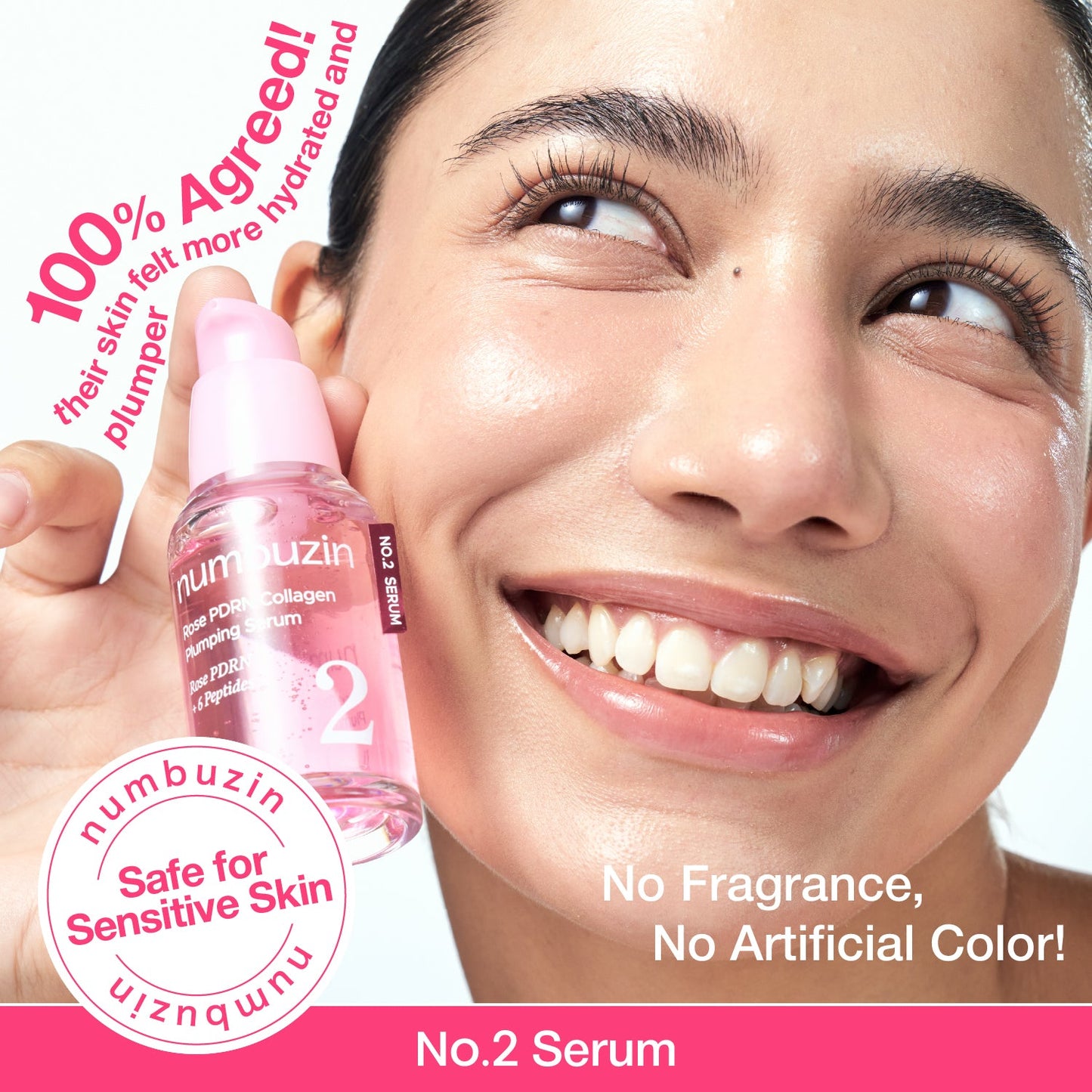 Numbuzin No.2 Rose PDRN Collagen Plumping Serum in a clear glass bottle with a dropper applicator, showing pink rose extract.