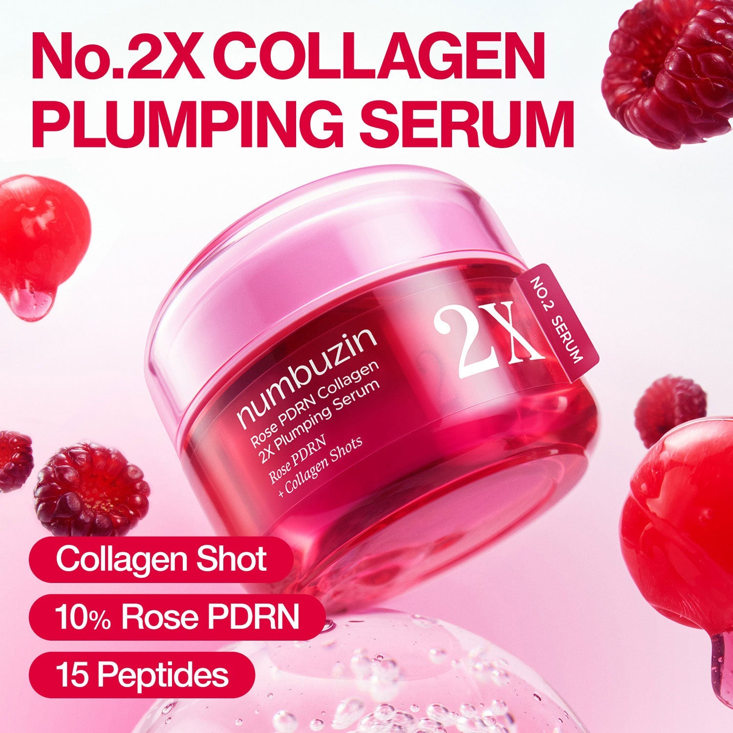Numbuzin No.2 Rose PDRN Collagen 2X Plumping Serum in a clear glass bottle with a dropper applicator, displayed on a white background.