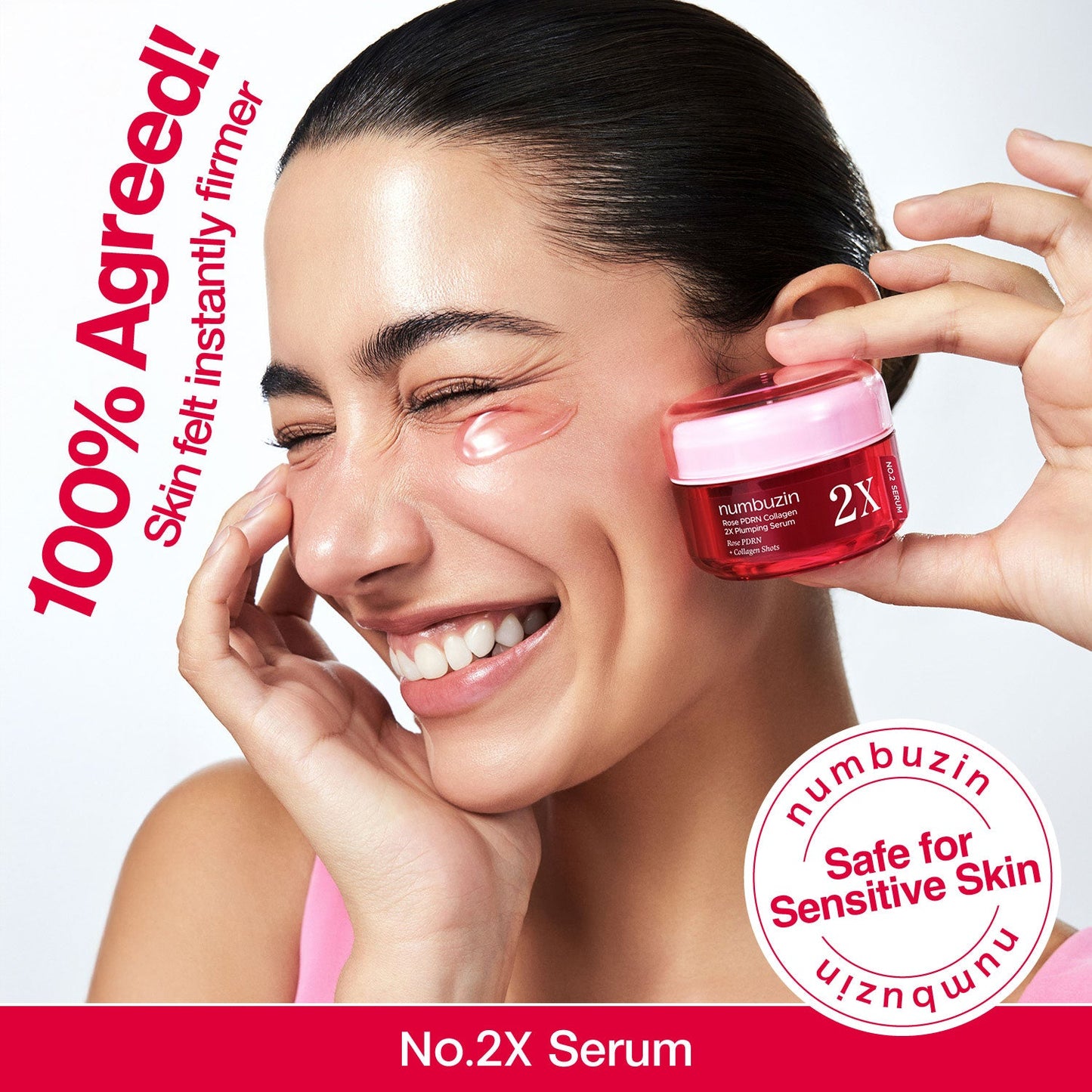 Numbuzin No.2 Rose PDRN Collagen 2X Plumping Serum in a clear glass bottle with a dropper applicator, featuring a pink label.