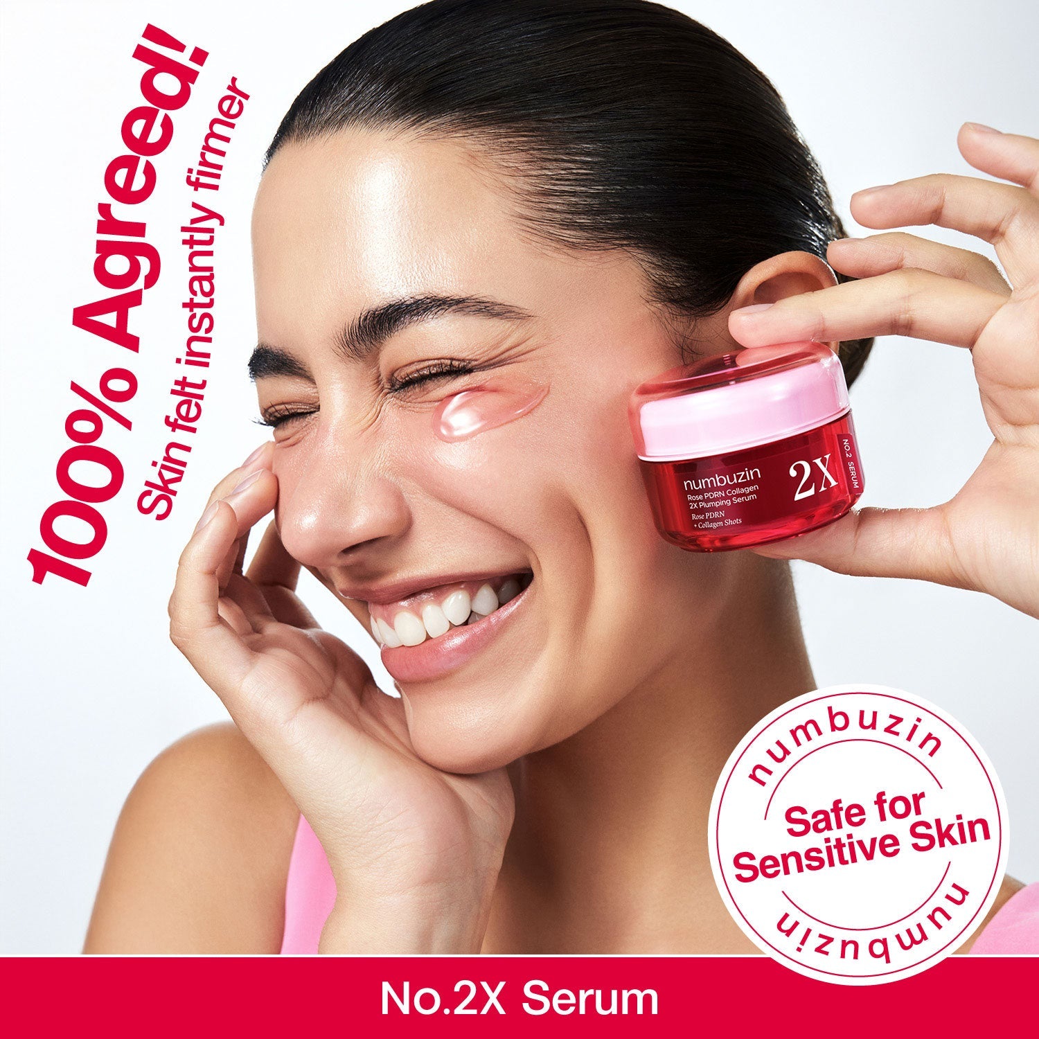 Numbuzin No.2 Rose PDRN Collagen 2X Plumping Serum in a clear glass bottle with a dropper applicator, featuring a pink label.