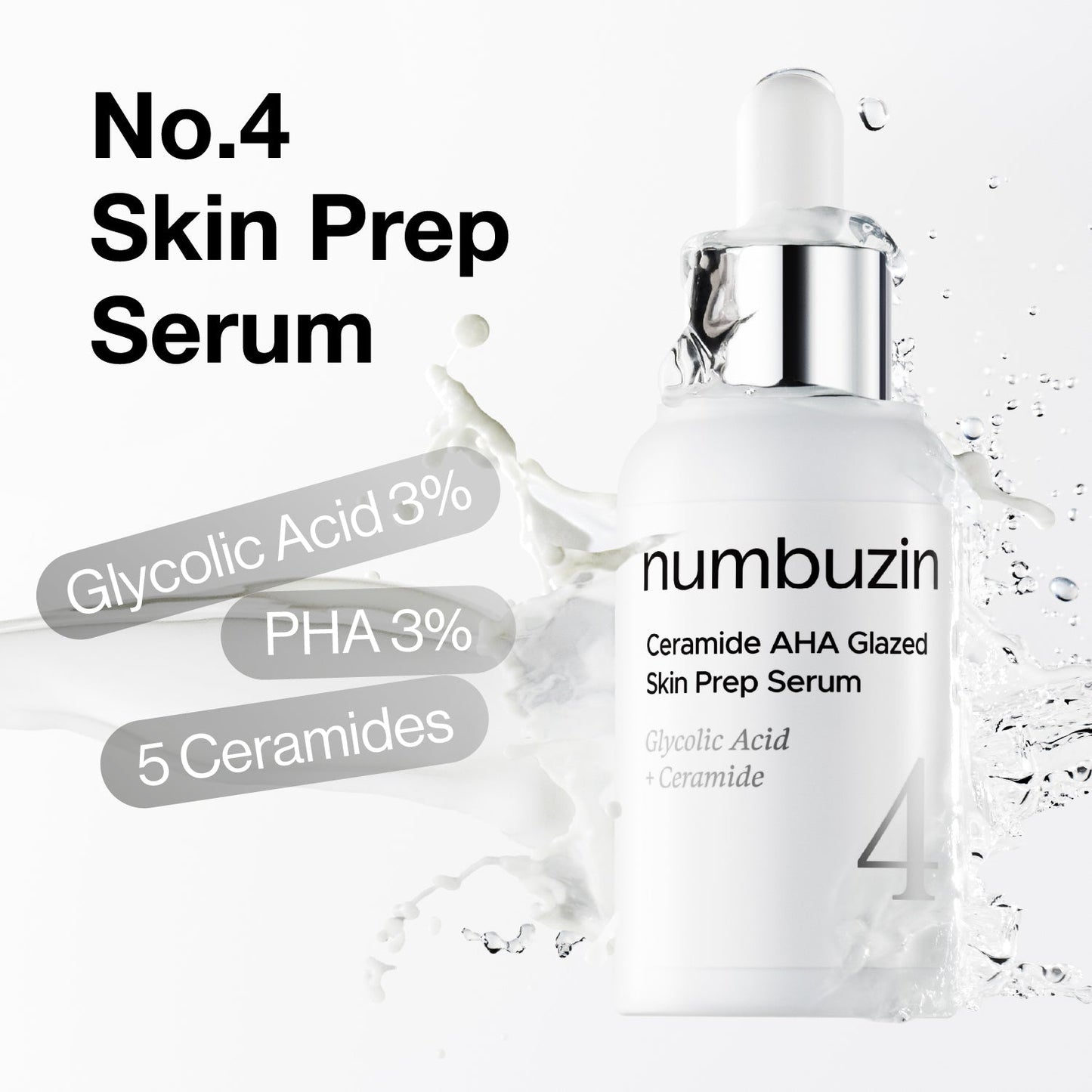 Numbuzin No.4 Ceramide AHA Glazed Skin Prep Serum in a clear bottle with a dropper applicator, highlighting its skincare formula.