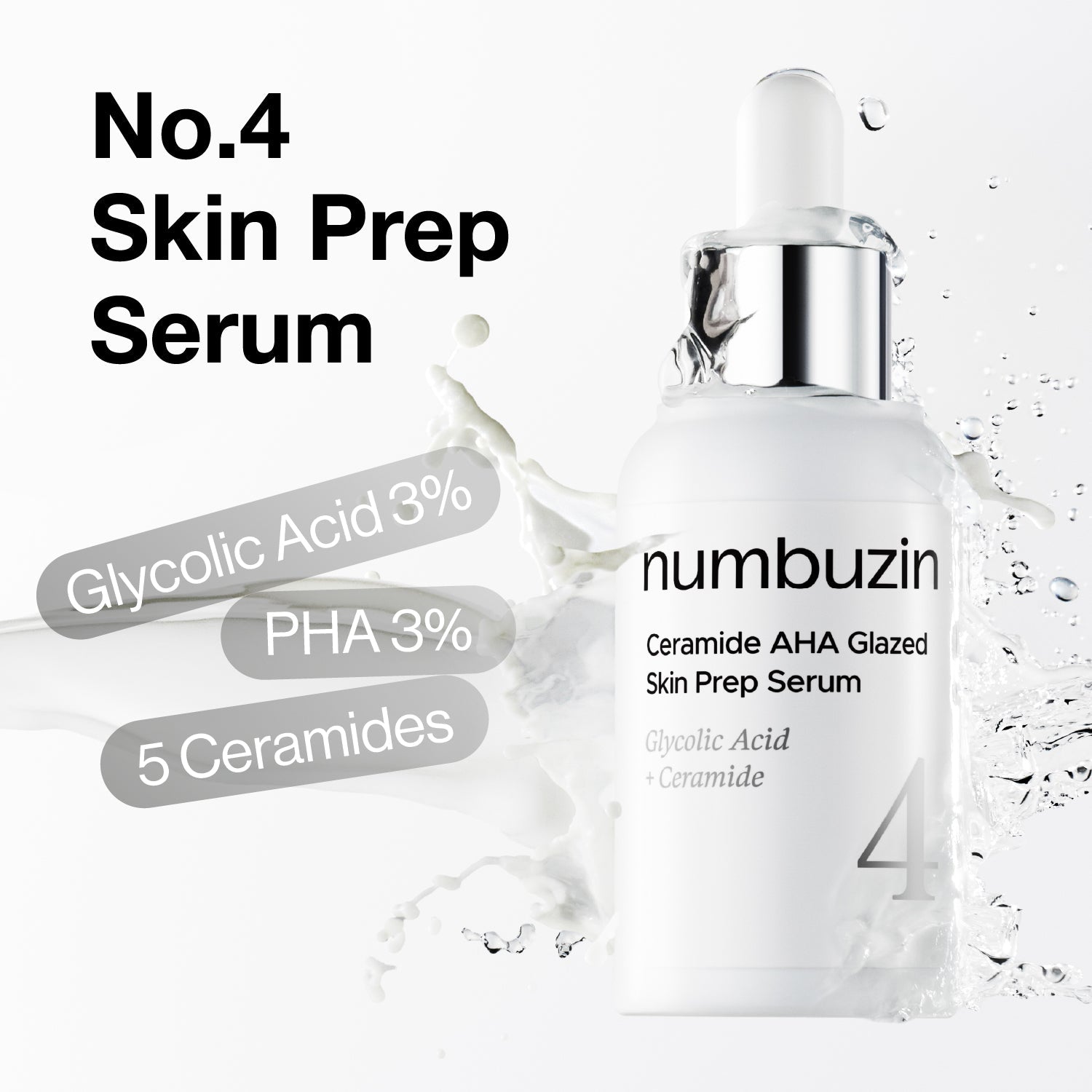 Numbuzin No.4 Ceramide AHA Glazed Skin Prep Serum in a clear bottle with a dropper applicator, highlighting its skincare formula.